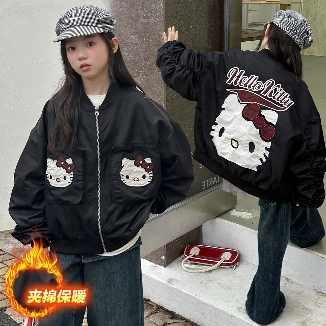 黑骑士凯蒂猫！女童外套秋冬款2025儿童棒球服加棉刺绣夹克上衣