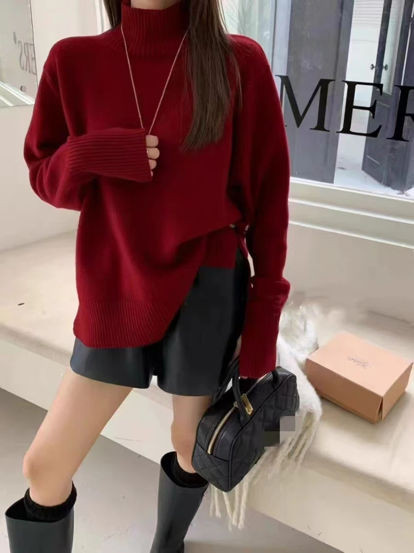 9918   2024冬季新款不规则下摆宽松羊毛针织衫高领毛衣女
