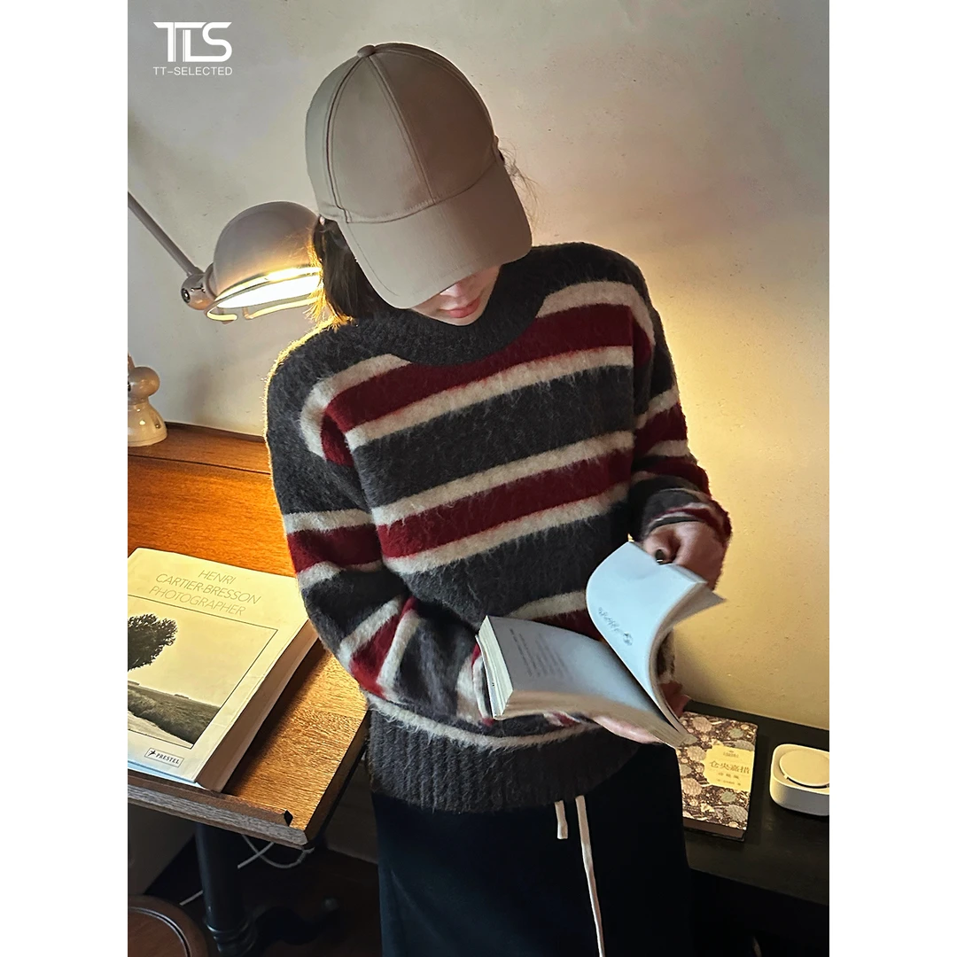 TT【拉绒条纹】美利奴羊毛复古多彩条纹毛绒感宽松针织毛衣MY5192
