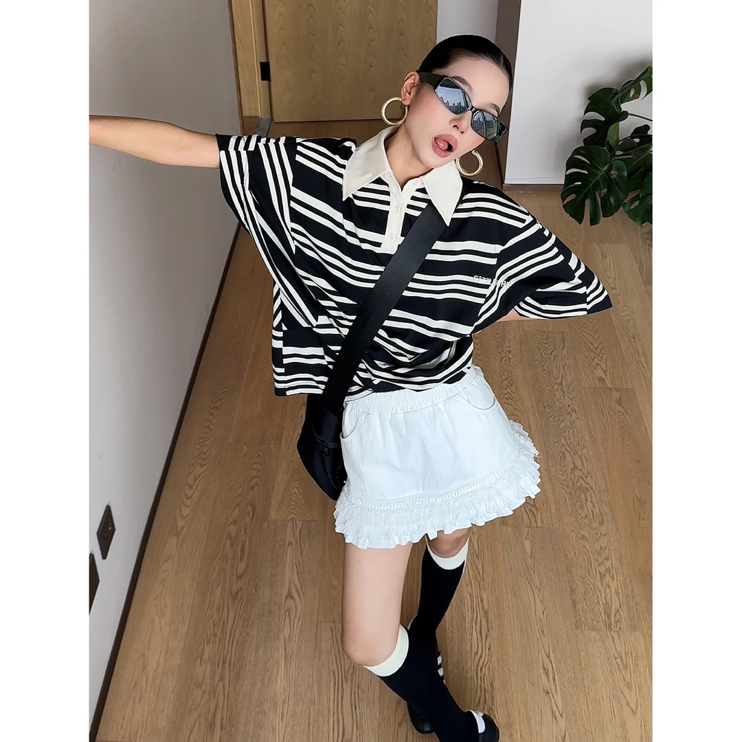 【黑白条纹】T恤女2025夏季新款设计感慵懒休闲宽松polo领上衣