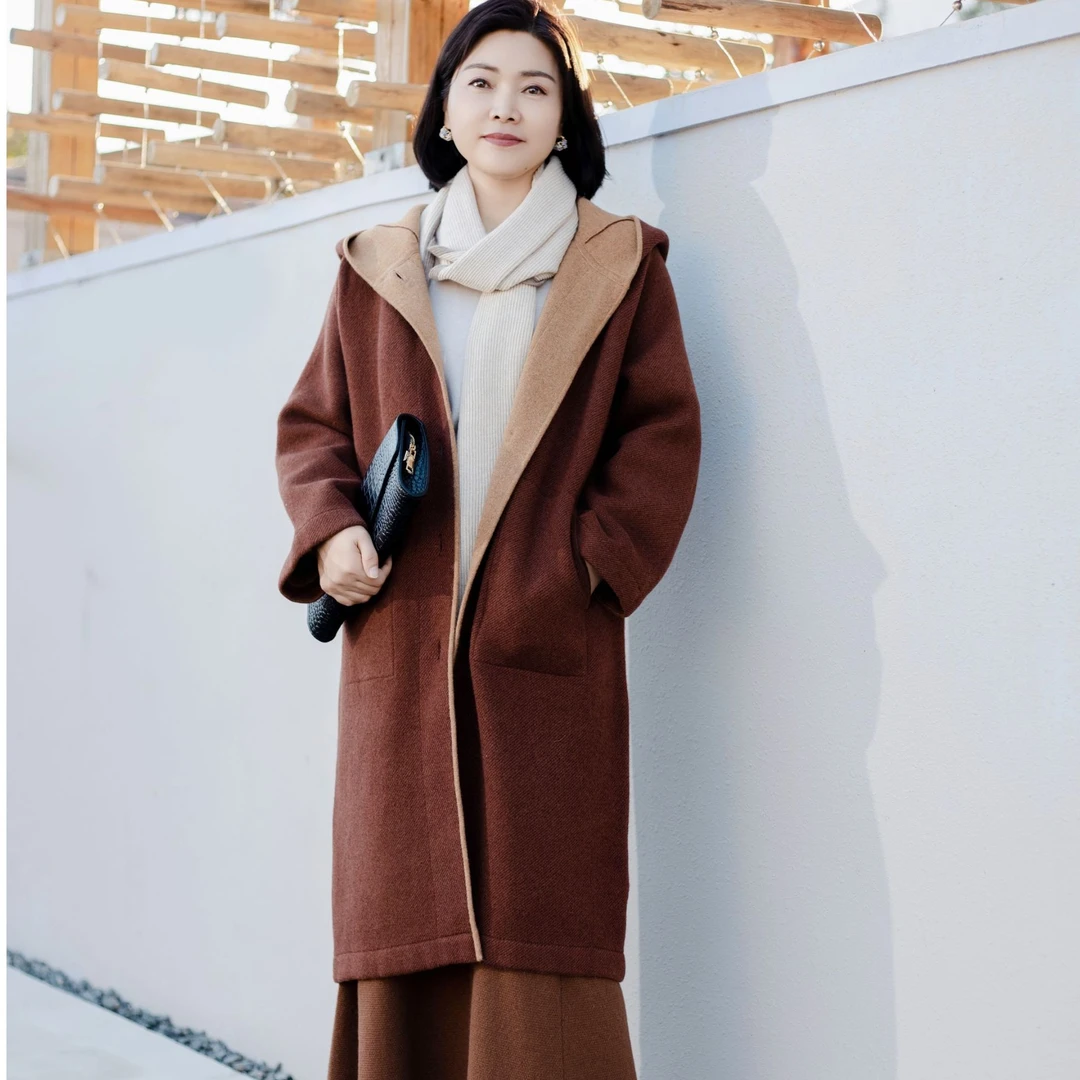 雅比那【小版新年大衣】】秋冬时尚加厚保暖连帽宽松版山羊绒大衣