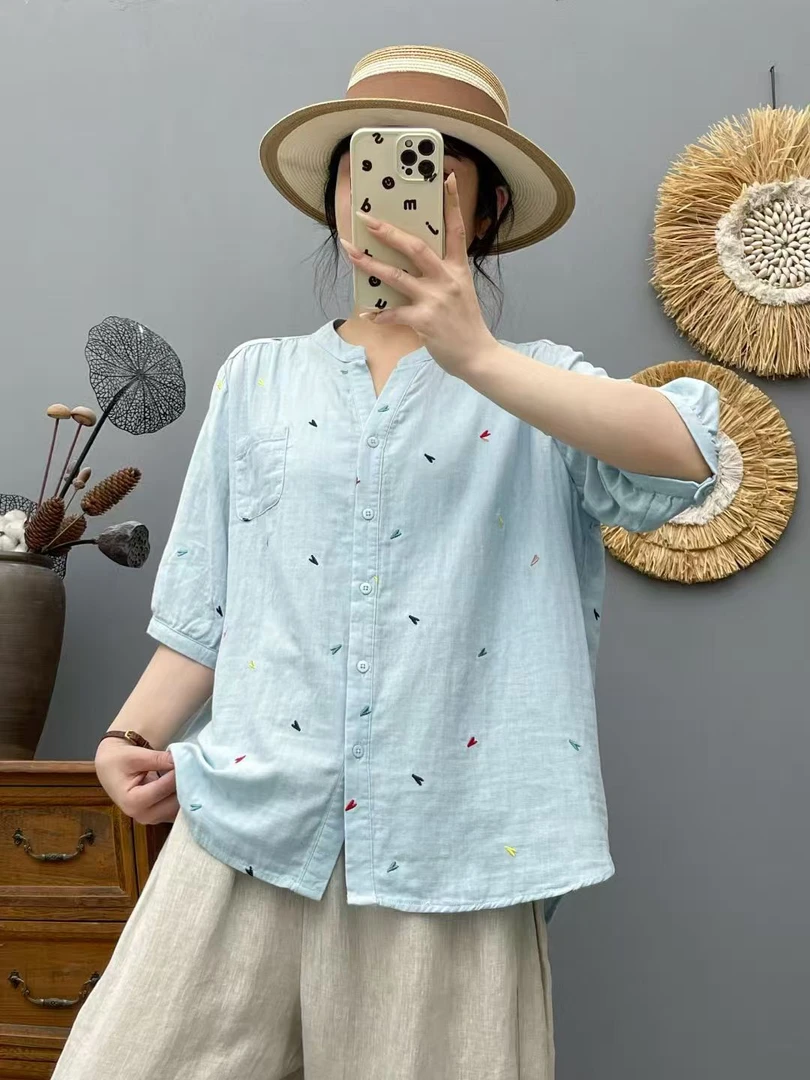 纯棉双层纱五分袖夏季刺绣V领衬衫短袖衬衣纯棉衬衣女