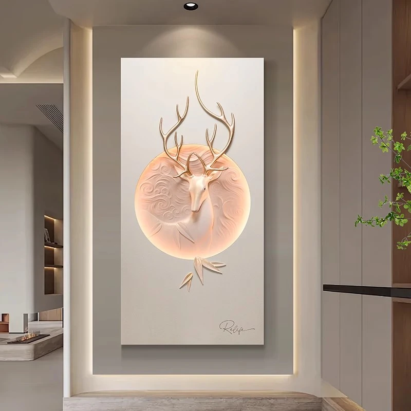 RELIFE/福雕家饰（鹿鸣春晓）3D立体浮雕带灯入户玄关装饰画
