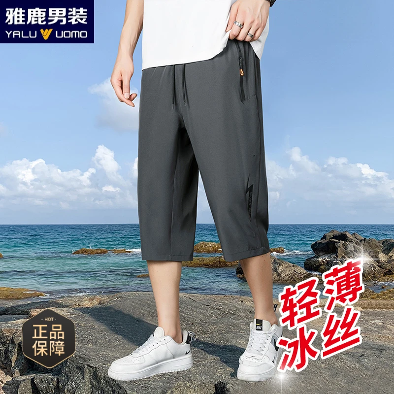 雅鹿男装男士夏季薄款宽松大码潮流透气运动弹力外穿短裤速干冰丝