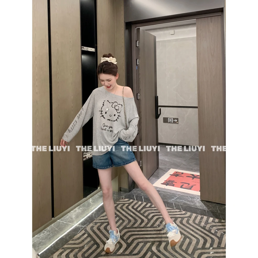 【LIUYI】猫系女友~夏季斜肩卡通T恤55062
