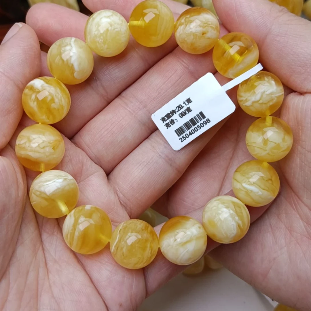 未镶嵌蜜蜡手链15圆珠金白虎皮纹18手围