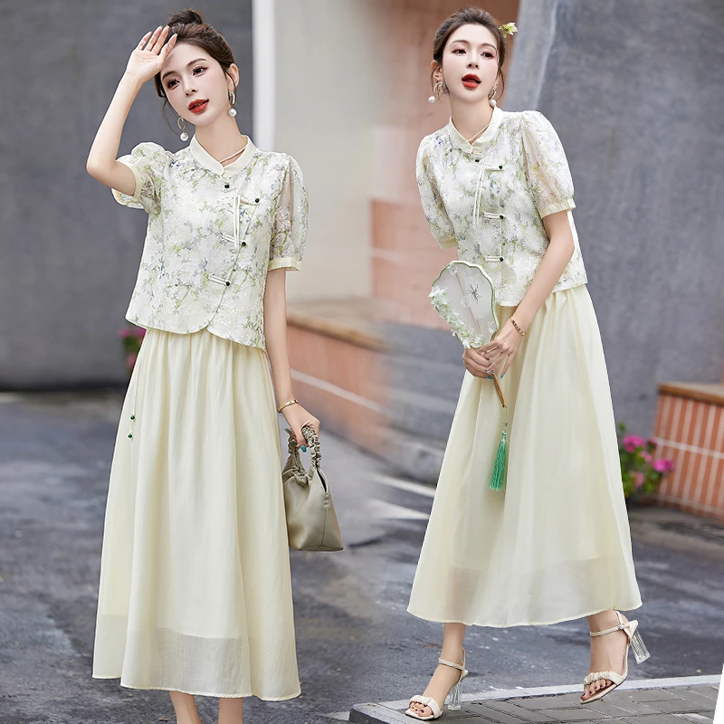 新中式G风刺绣盘扣套装裙女2025夏季新款一整套穿搭半身裙两件套