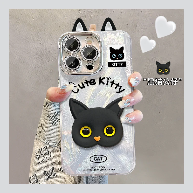 小黑猫适用于oppo/vivo/华为/小米/苹果精孔羽纱壳防摔手机壳