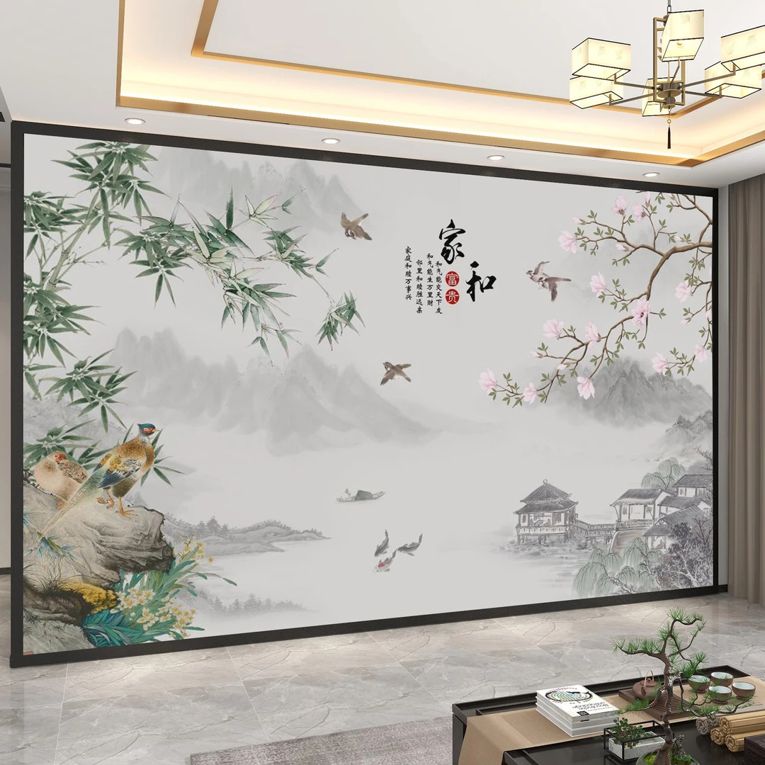 家和电视背景墙壁布客厅沙发影视墙布现代中式花鸟竹子壁画8d壁纸