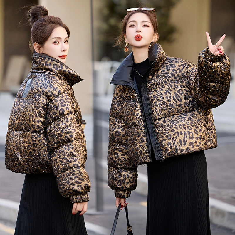 短款羽绒服女款2025冬季新款宽松加厚白鸭绒时尚洋气豹纹爆款外套