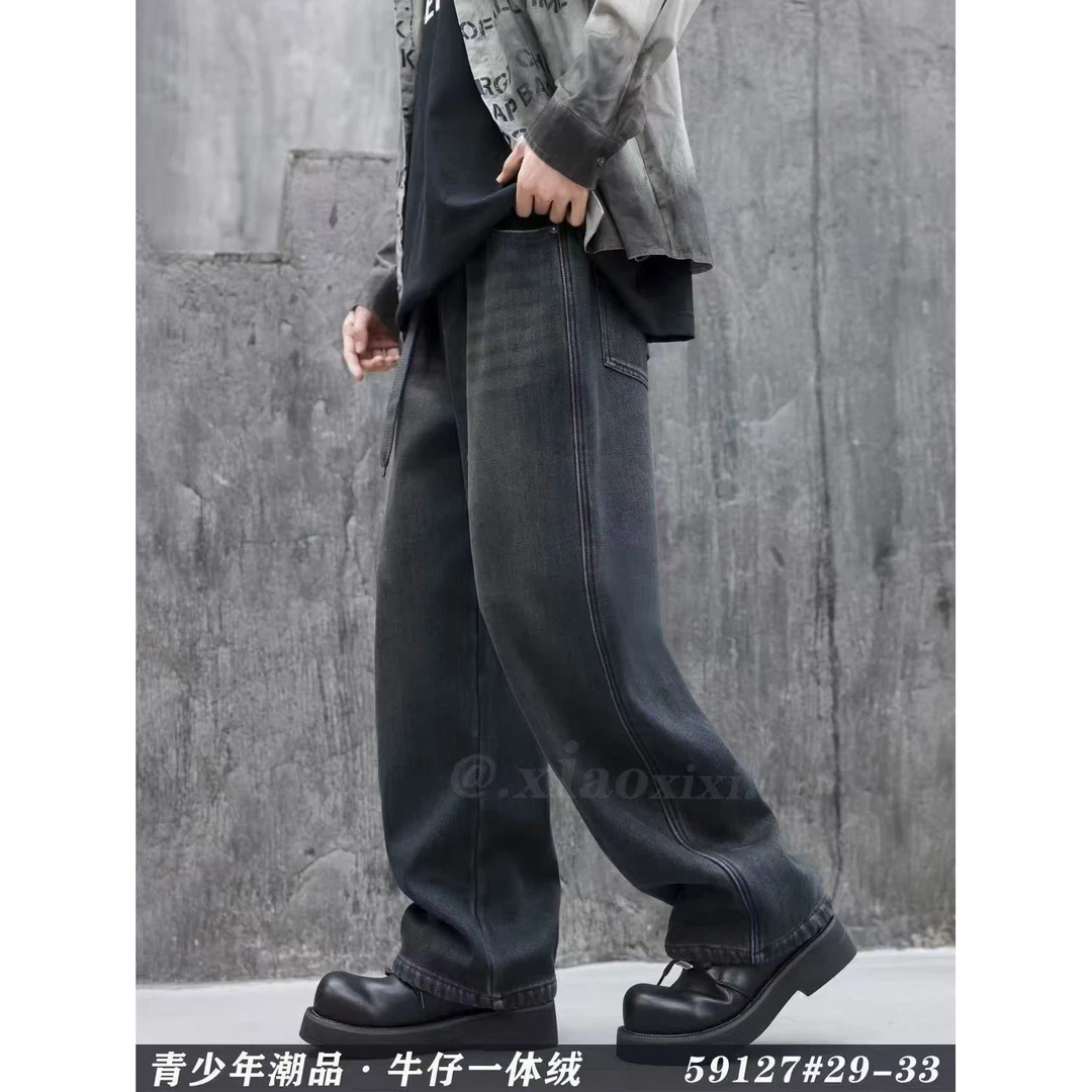 59127新款青少年韩版加绒直筒牛仔裤