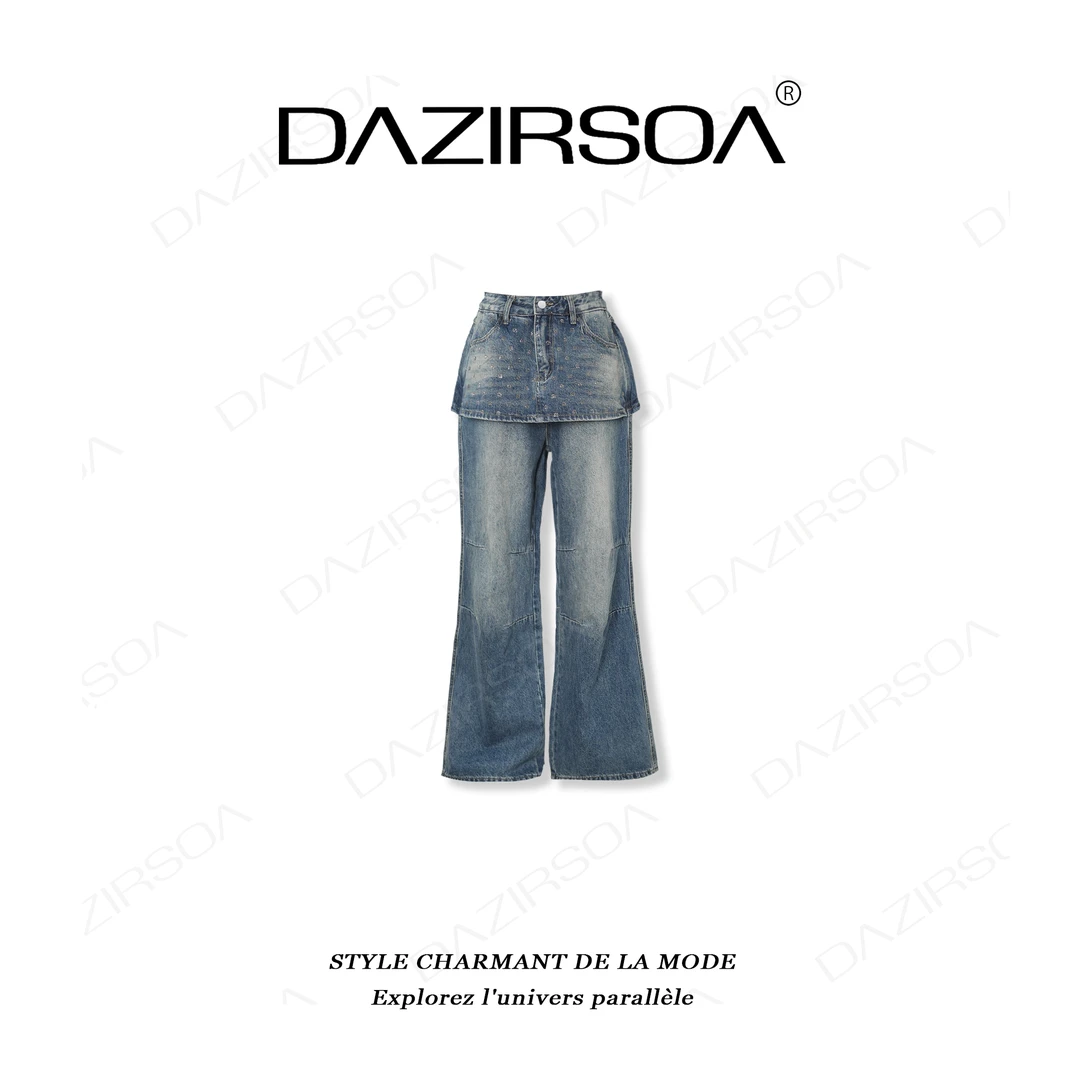 DAZIRSOA/达姿“灵感碰撞”小众拼接烫钻腰封宽松加绒牛仔裤 W715