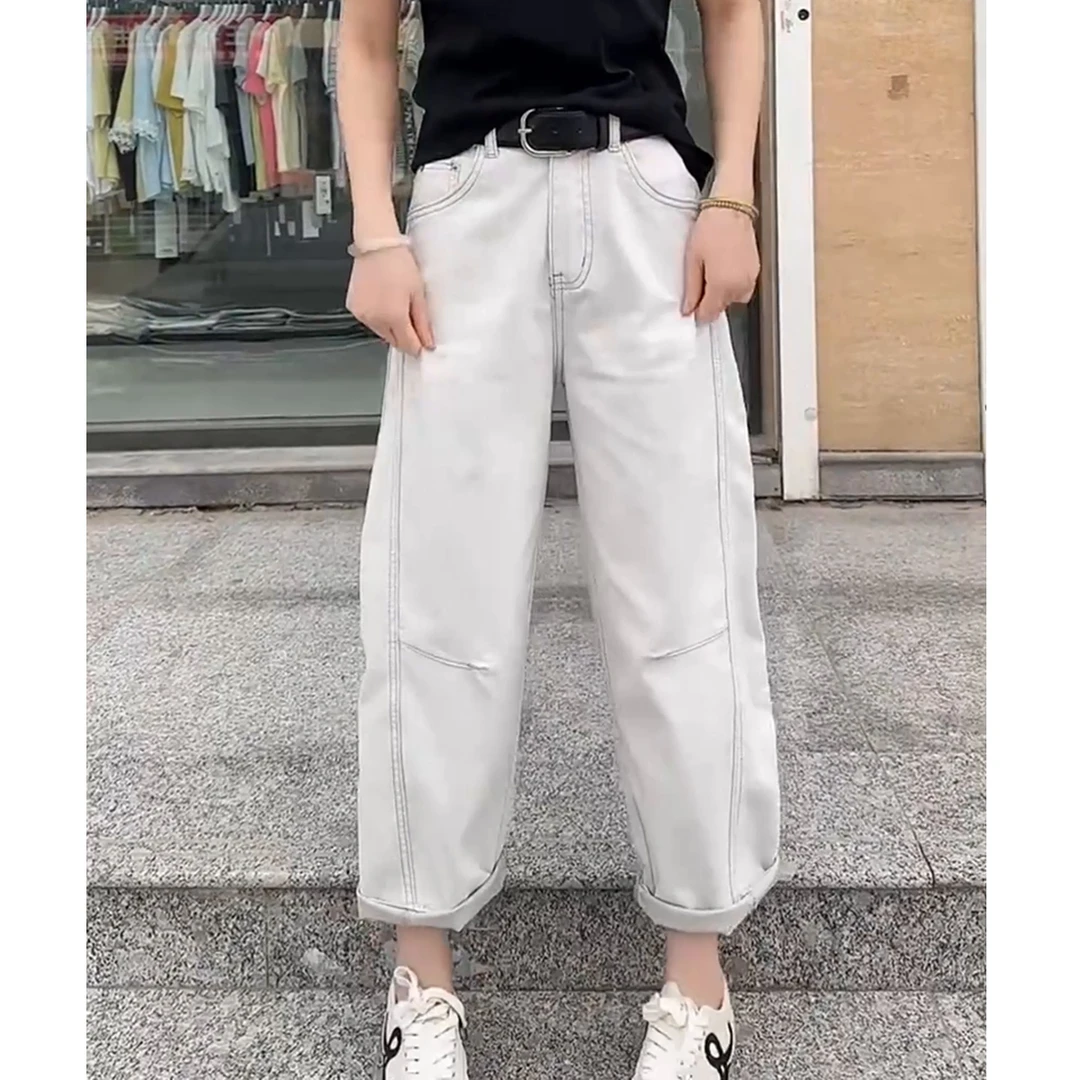 大码梨形身材显瘦直筒老爹牛仔裤女春夏新款胖妹妹宽松九分哈伦裤