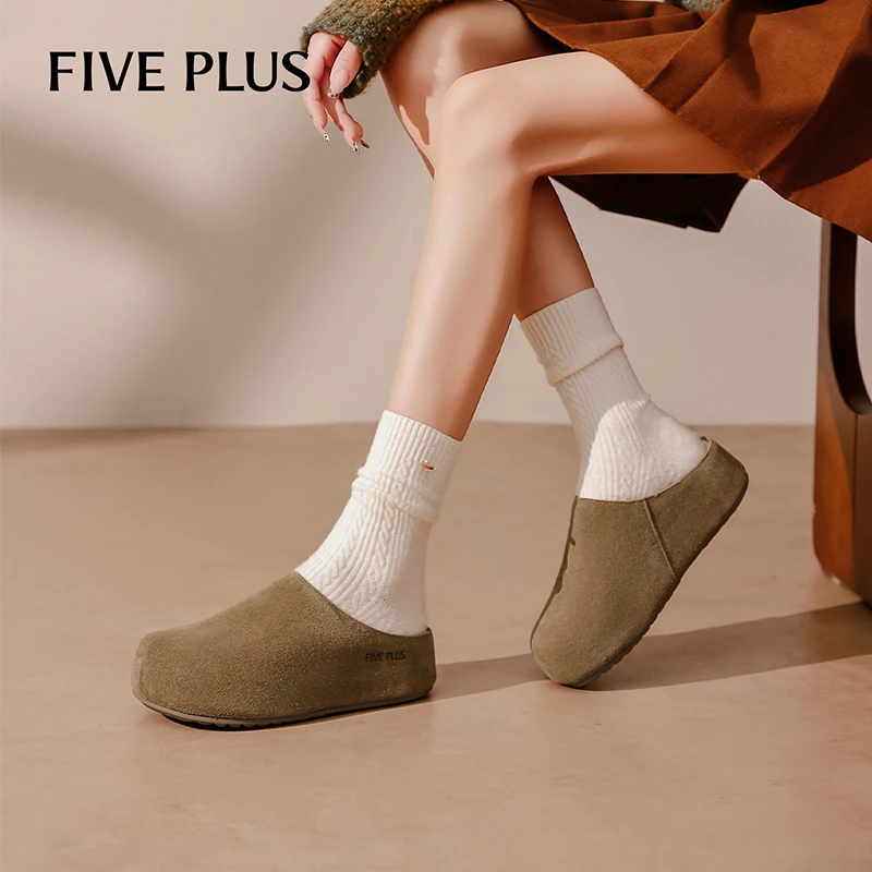 FIVE PLUS勃肯毛毛鞋女2025冬季新款时尚一脚蹬包头软底纯色单鞋
