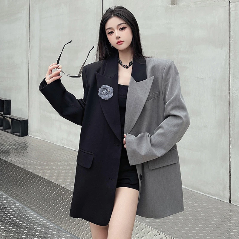 时尚拼色西装外套女独特别致设计感小众韩系休闲宽松慵懒风高级感