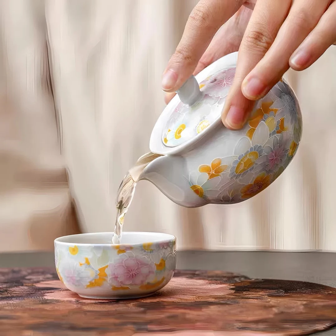 旅行茶具套装繁花一壶一杯手抓壶快客杯陶瓷便携式户外泡茶喝茶杯