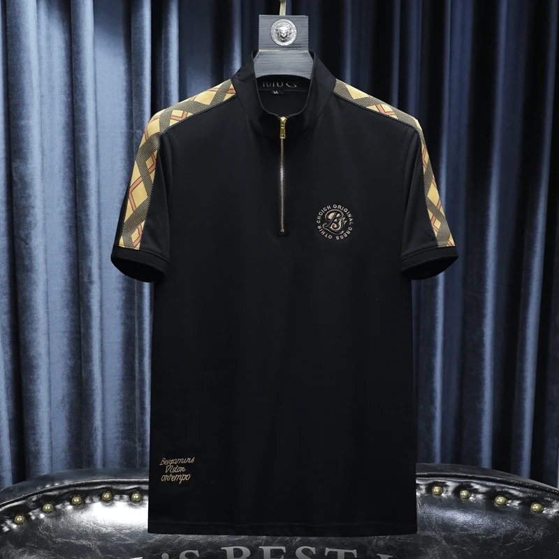 2025夏季新款短袖立领印花拉链刺绣T恤时尚男士百搭商务-88084