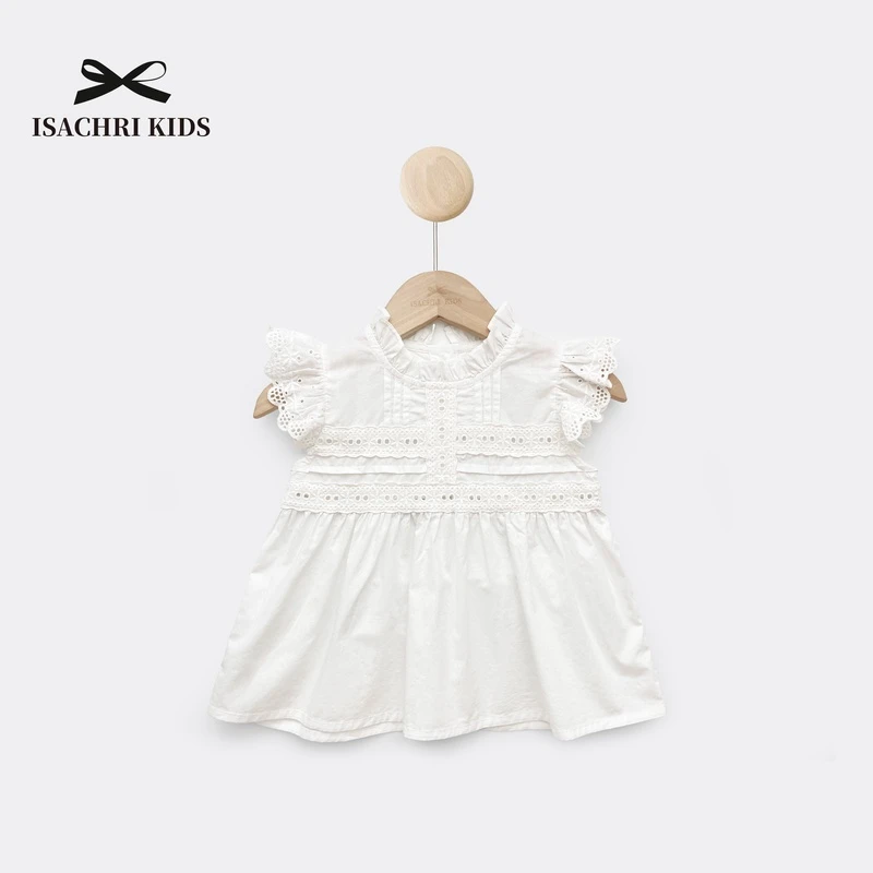 晶晶家【现发】露娜软蕾丝花边纯棉娃娃衫小飞袖女童夏季上衣 IS088