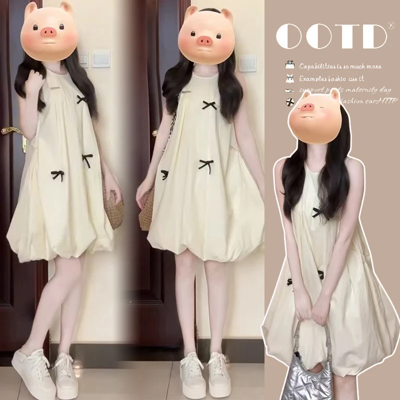 韩系纯欲蝴蝶结无袖背心花苞连衣裙甜美宽松蓬蓬孕妇裙