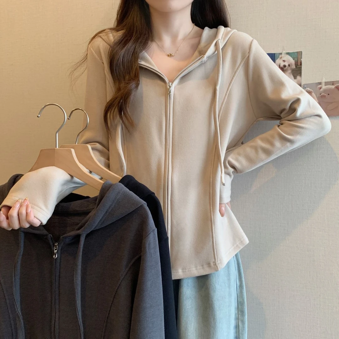 大码双拉链连帽长袖上衣女2025早秋新款洋气宽松显瘦开衫外套女装