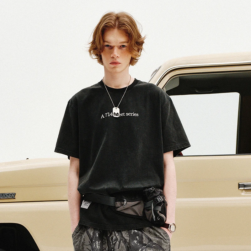 714street美式水洗做旧刺绣短袖T恤男夏季新款国潮情侣装511841