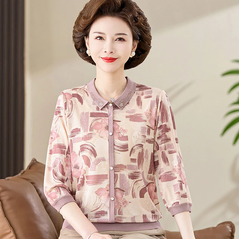 妈妈春装冰丝小衫2025新款中老年女装薄夏季七分袖t恤洋气上衣服
