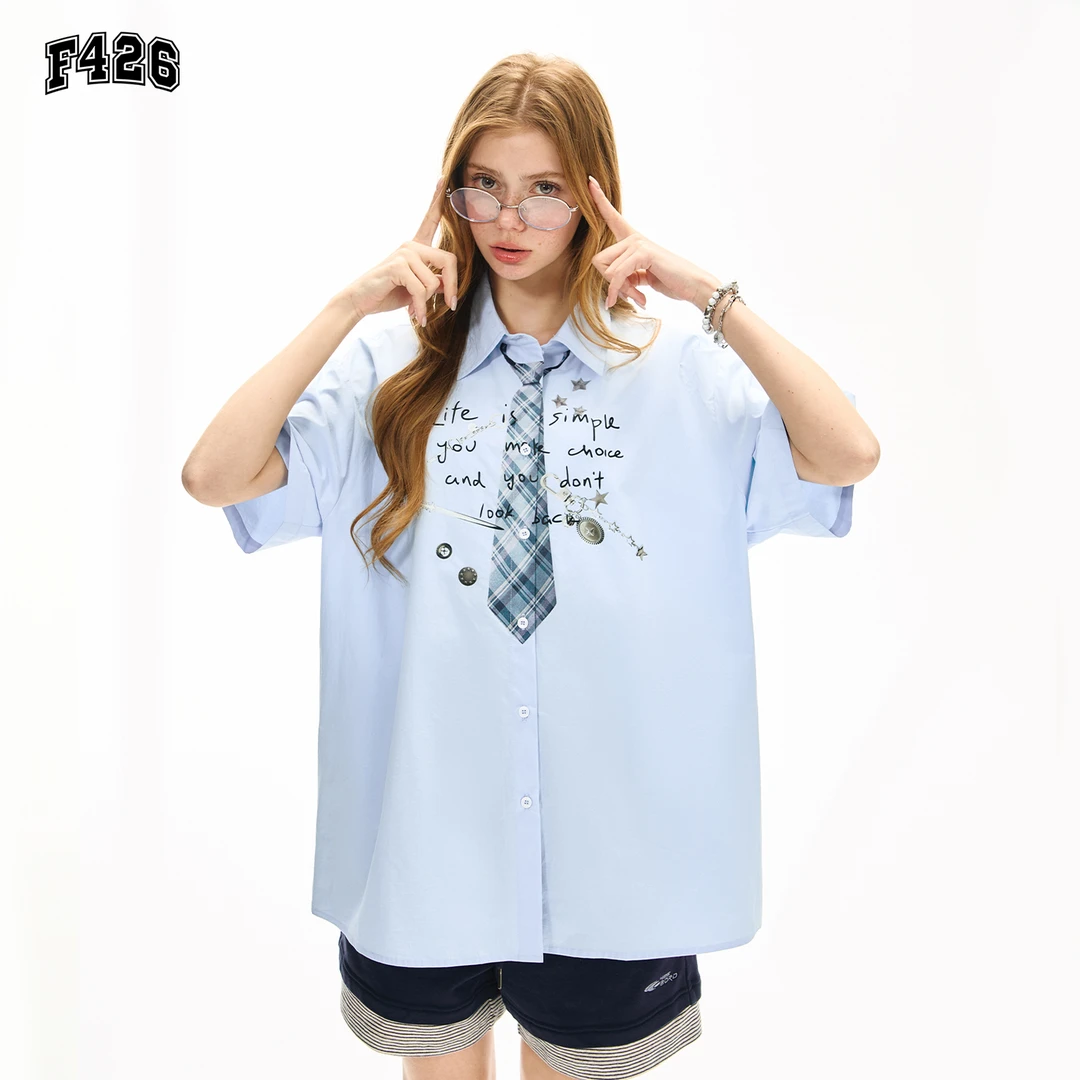 F426国潮牌夏季新款美式领带印花学院风短袖衬衫情侣小众潮流7002