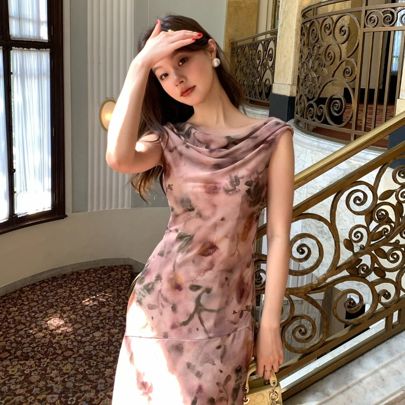 夏法式茶歇穿搭绝美收腰一字肩碎花连衣裙女S0978