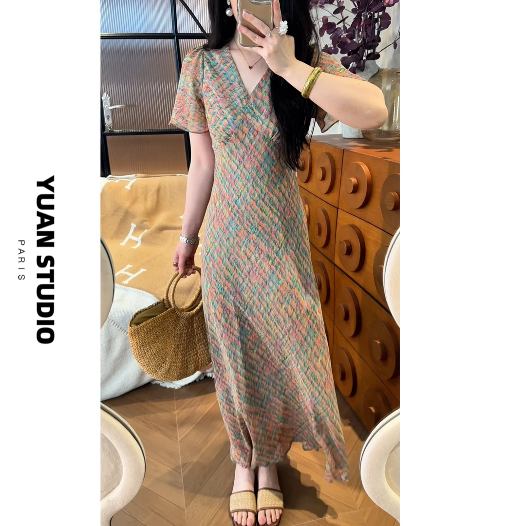 YUAN 【色彩编织】法式复古碎花斜裁显瘦遮肉短袖优雅长款连衣裙