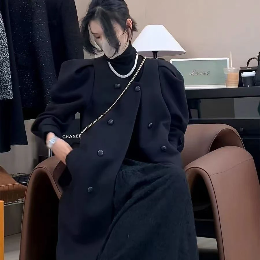 3733秋冬双排小个子中长款韩系呢子大衣外套加棉泡泡袖-衣长80