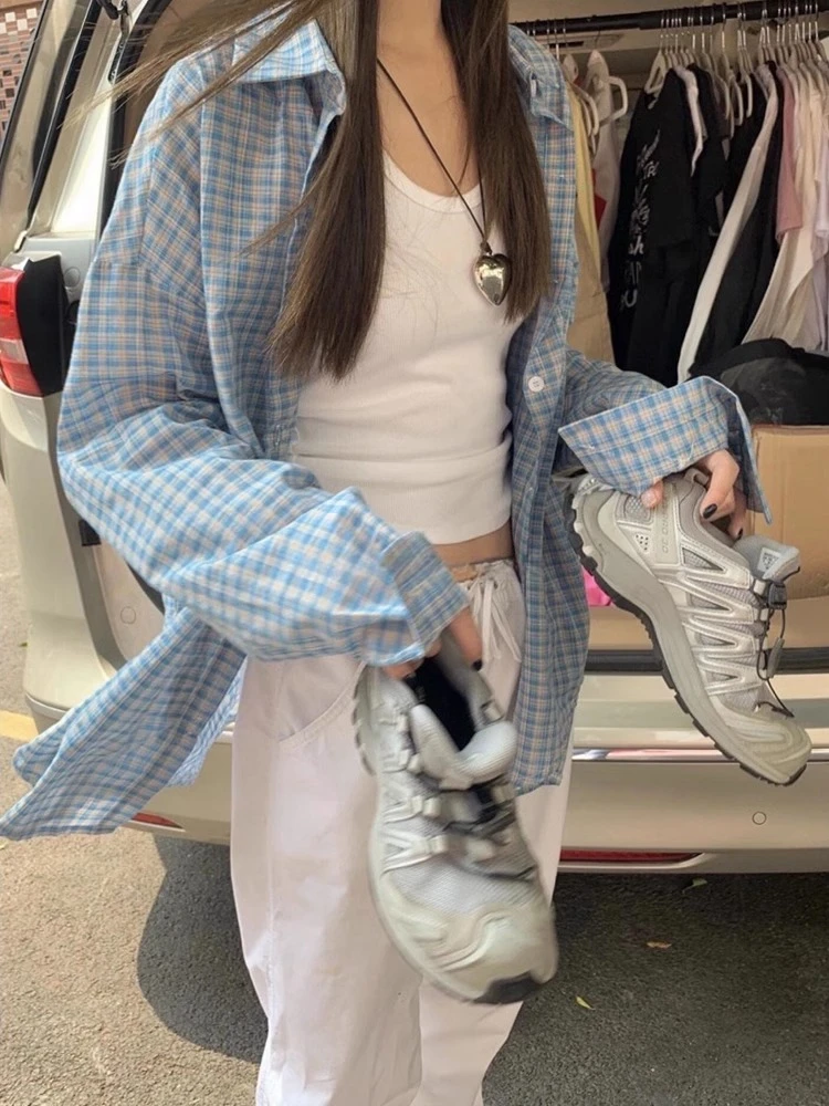 春秋复古小清新蓝色美式宽松男友风薄款衬衣女长袖格纹防晒衬衫女
