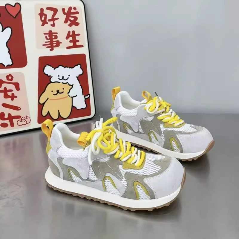 时尚阿甘鞋女2025春夏新款双鞋带拼色休闲透气网面运动鞋丑萌单鞋
