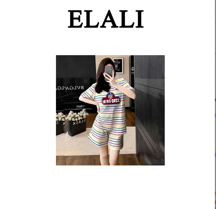 【ELALI】2件套条纹夏季女短袖短裤宽松圆领休闲印花套装女254