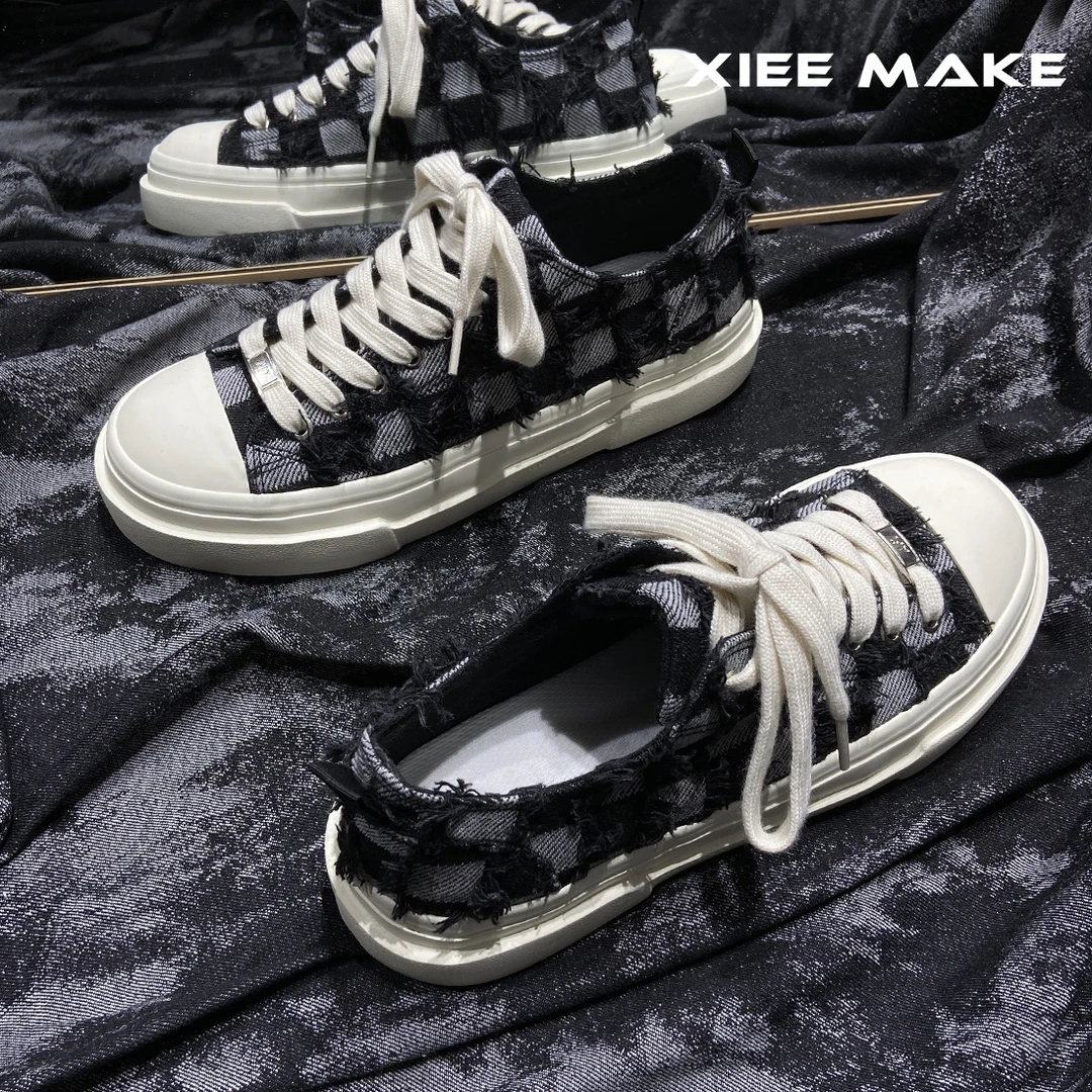 XIEE MAKE 夏季新款帆布鞋男厚底小众黑色格子潮鞋流苏休闲板鞋男