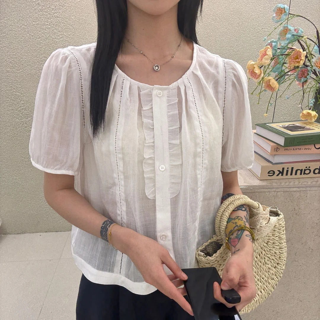 炸款～天使飘临苎麻设计感衬衫88508