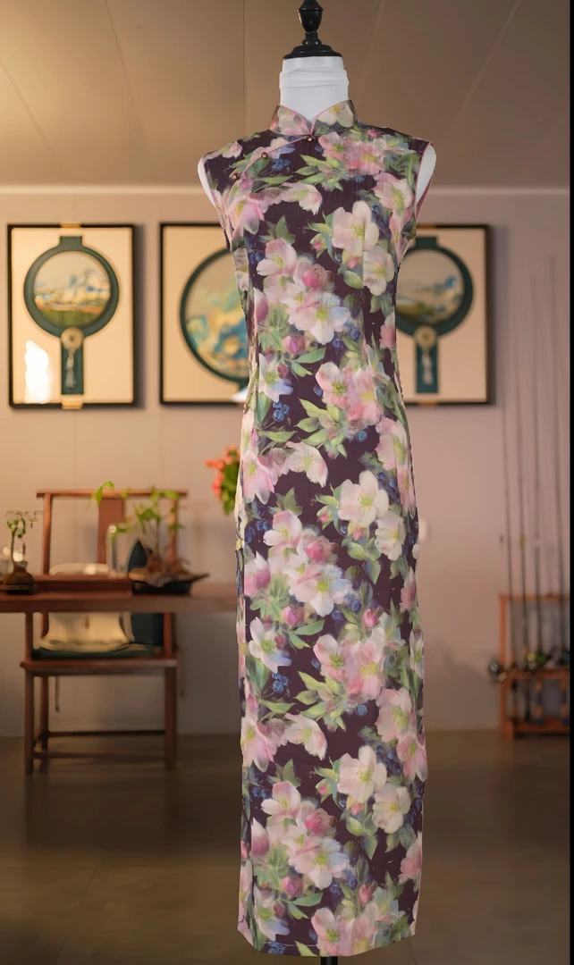 旗袍 长款 单层 复古款(衣长约125cm)女人花 W774
