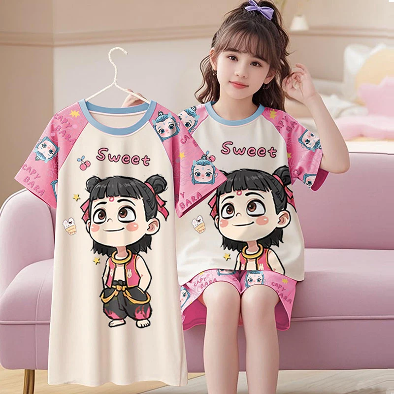 女童睡衣纯棉薄款夏季短袖儿童睡裙夏天小女孩家居服哪吒2025新款