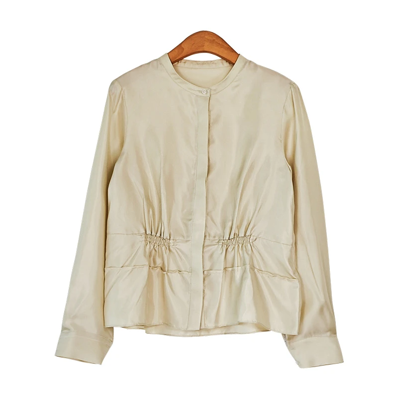 23姆米小香风斜纹绸收腰小立领暗门襟上衣外套（240622）