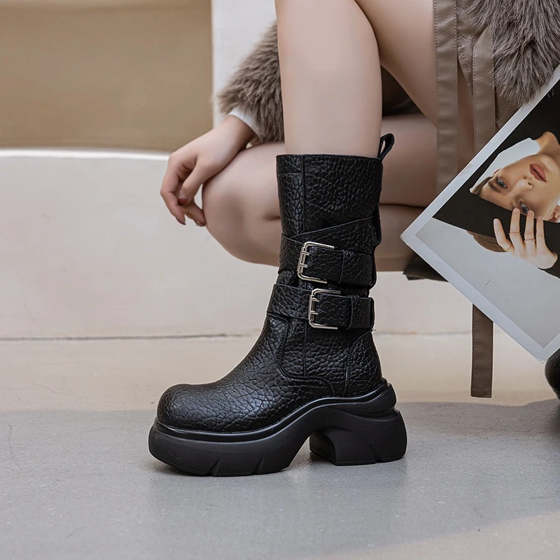 真皮厚底2025秋冬新款增高双扣时尚休闲粗跟女中筒靴女鞋鞋子韩版