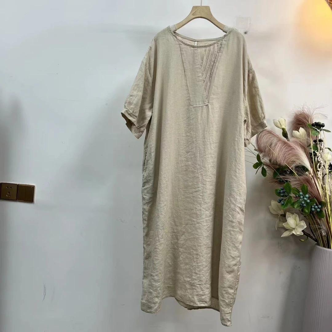 花璟原创设计复古炒色做旧圆领连衣袍裙（衣长118胸围136）