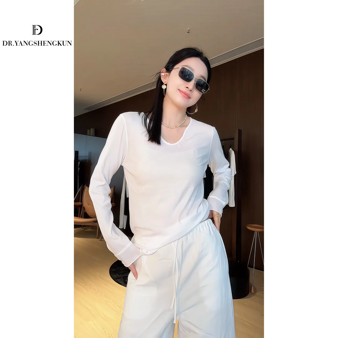 杨圣坤2025夏季新品女士简约时尚百搭后背绿字母钻长袖T恤L256718