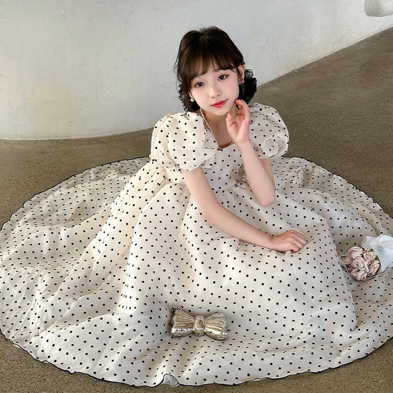女童2025波点连衣裙夏季甜美泡泡袖蓬蓬公主风洋气生日礼物长裙