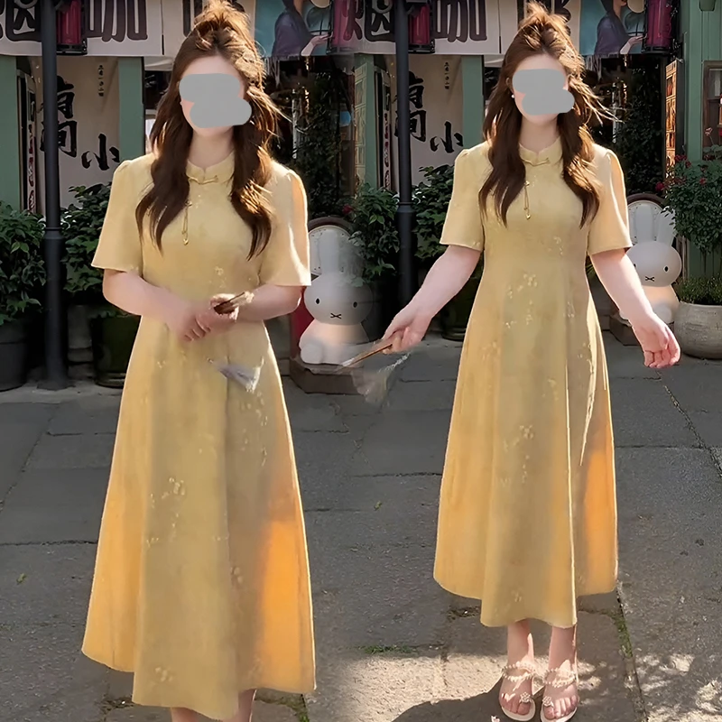 大码女装新中式国风暗纹缇花改良旗袍裙夏季微中式嫁衣新中式盘扣