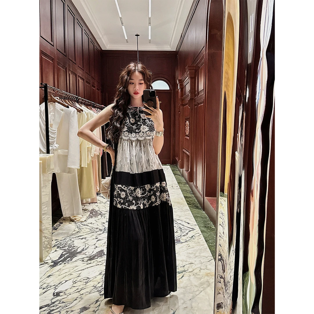 三吉黑花【花赋】国风烧花撞色连衣裙子2025新款今年流行新中式潮