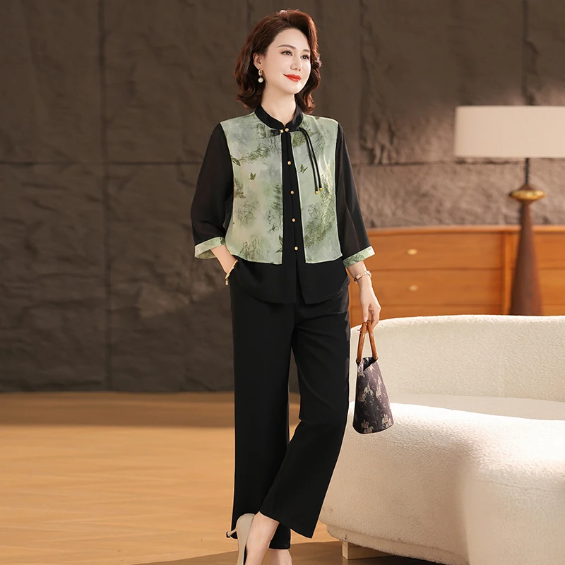 【母亲节】碎花纽扣秋季黑色显瘦女中老年女装长袖薄款拼接植物花卉