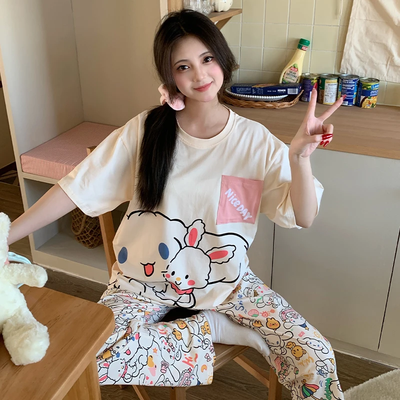 2025年新款睡衣女夏季纯棉短袖长裤薄款可爱玉桂狗夏天家居服套装