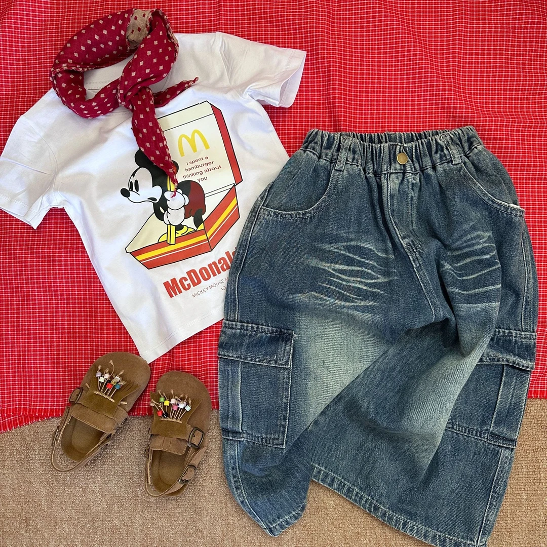 夏季潮流米奇印花100%棉儿童宽松上衣T恤