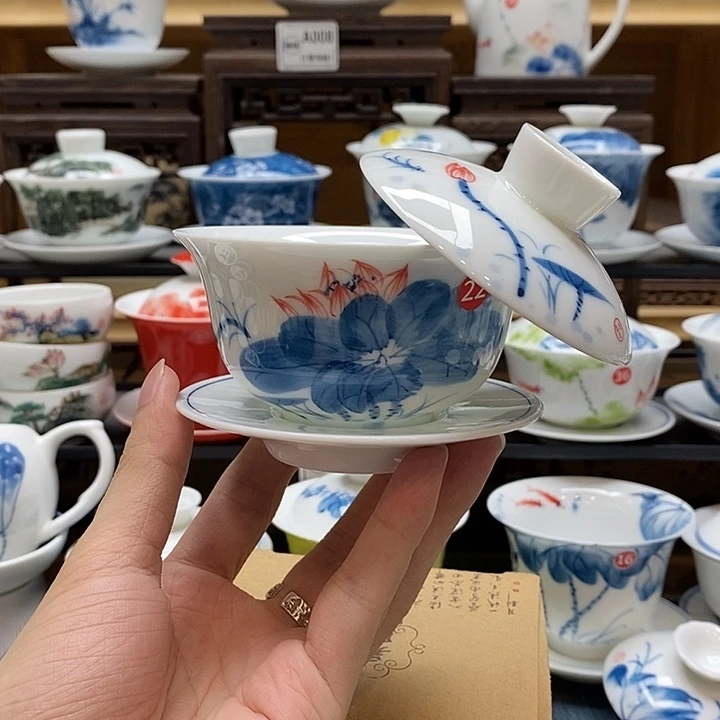 手绘荷花悬停盖碗150cc釉下彩微瑕福利款