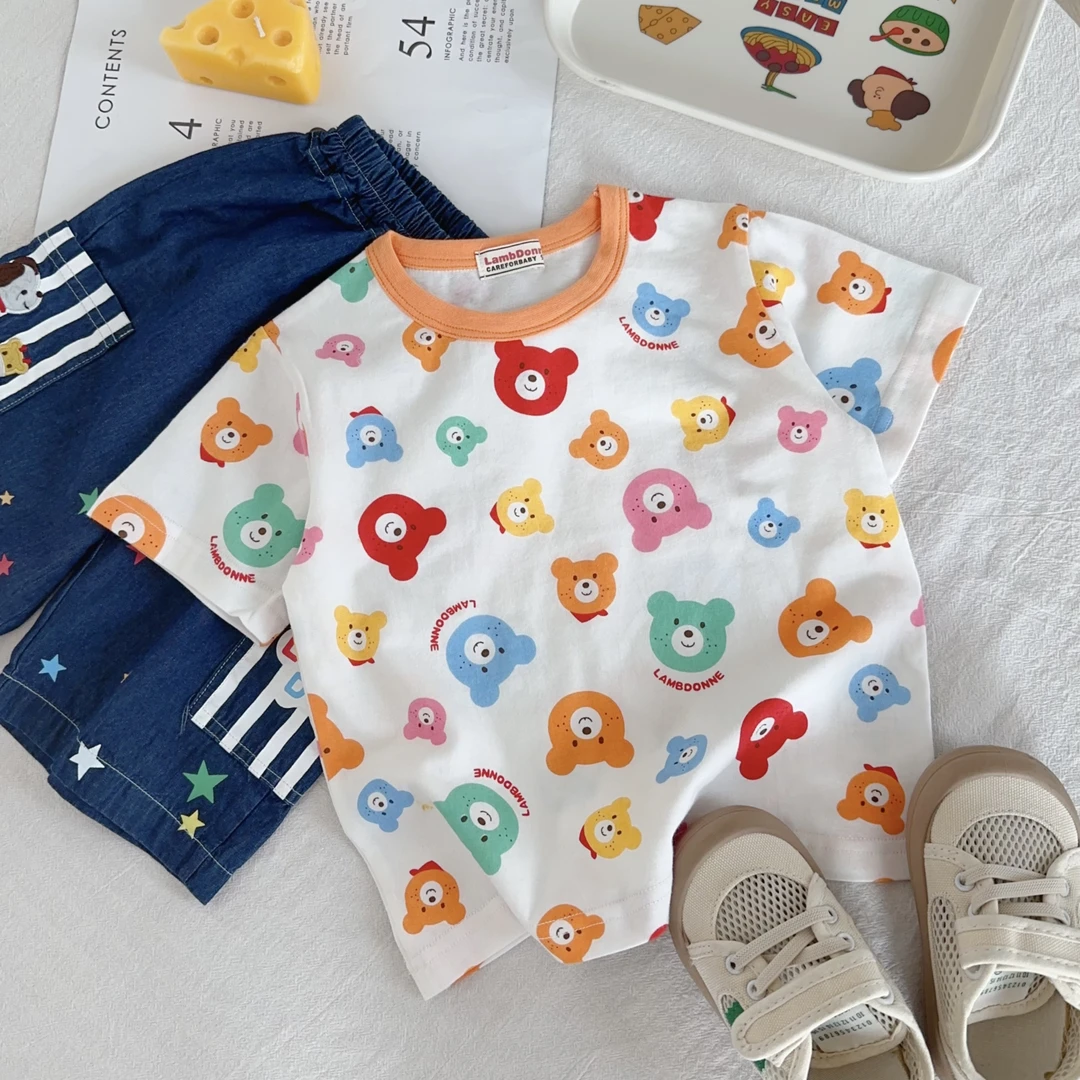 2025春夏休闲风字母潮流时尚动物短袖T恤满印夏季男童女宝