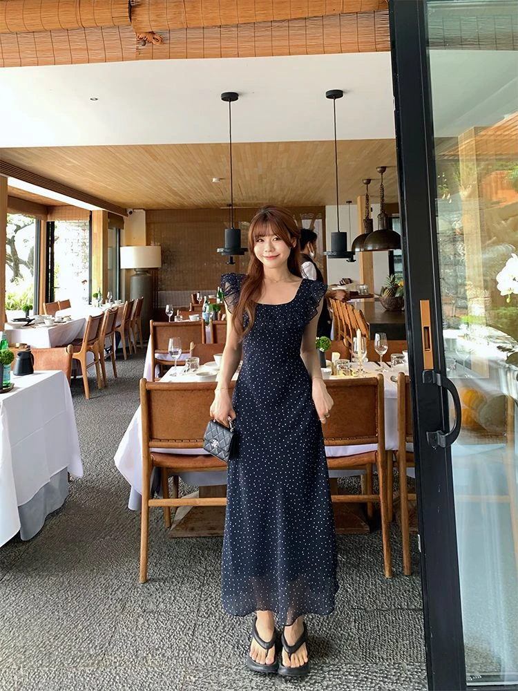 夏季新款法式小飞袖荷叶碎花露背连衣裙收腰显瘦遮肉a字裙子韩版